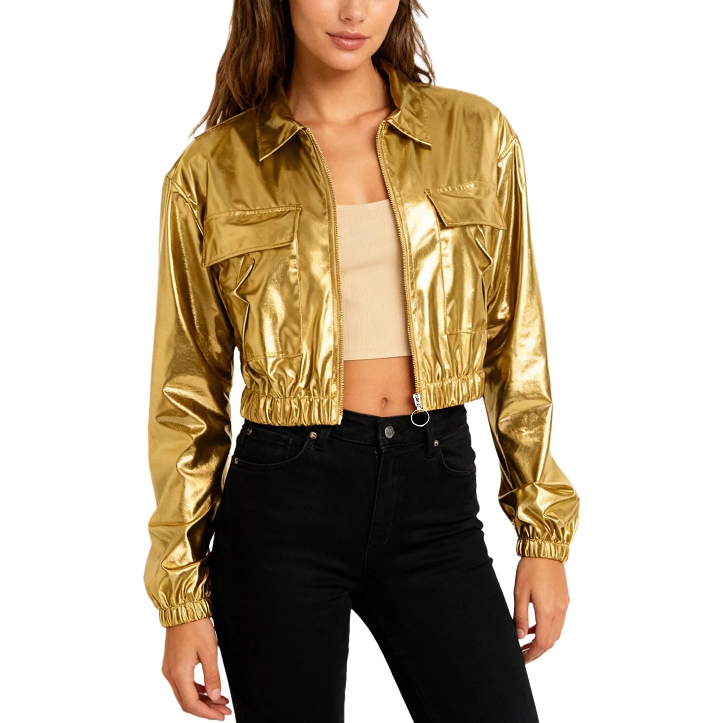 Womens Metallic Shiny Cropped Jacket Lapel Long Sleeve Front Zipper Chest Flap Pockets Crop Outerwear Biker Motor Jacket Tops