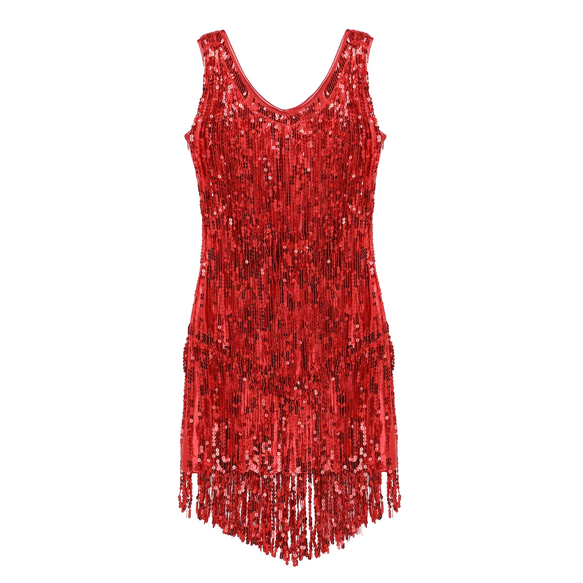 Women Latin Dress Shiny Sequin Sleeveless Tassels Fringed Dress Tango Samba Rumba Ballroom Salsa Jazz Dance Performance Costume