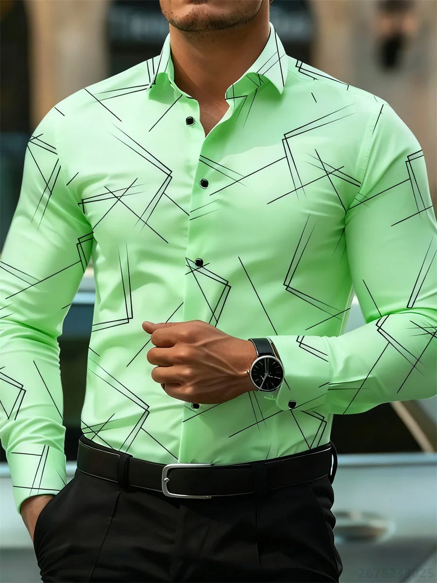Men's trendy geometric line print long-sleeved shirt Business casual fashion design slim fit non-iron versatile ins style shirt