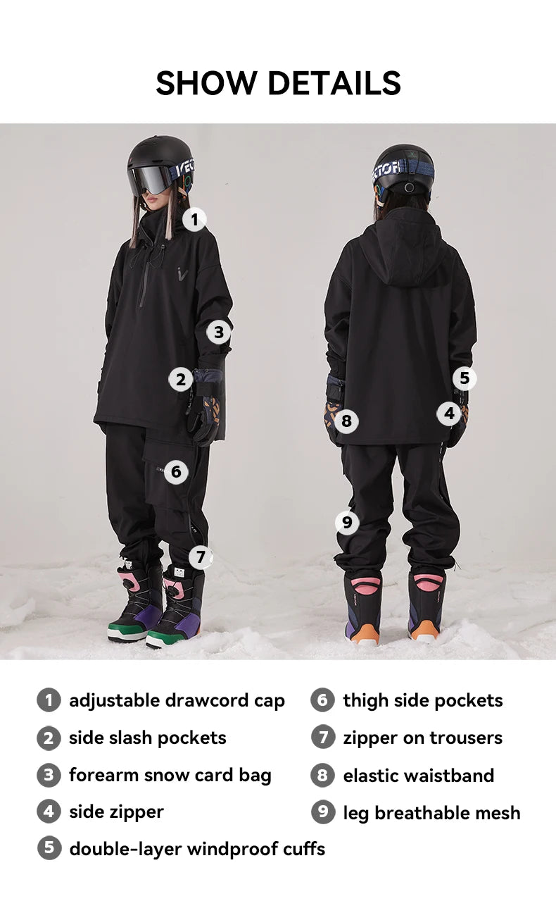 Men Women Solid Color Ski Jacket Ski Pants Warm Windproof Winter Overalls Hoodie Waterproof Outdoor Sports Clothing Snowboard