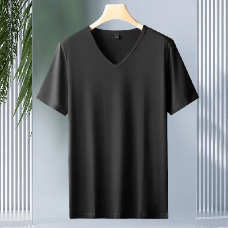 2025 men's short sleeved T-shirt loose and breathable plus size T-shirt top summer thin solid color V-neck home clothing base s