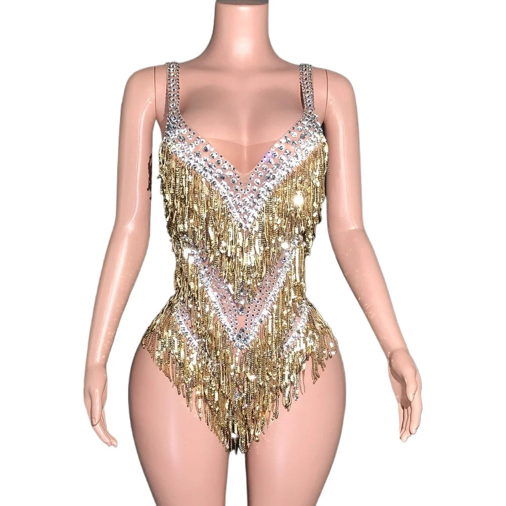 Sparkly Rhinestones Fringes Bodysuit Women Sexy See Through Party Outfit Performance Dance Costume Singer Dancer Show Stage Wear