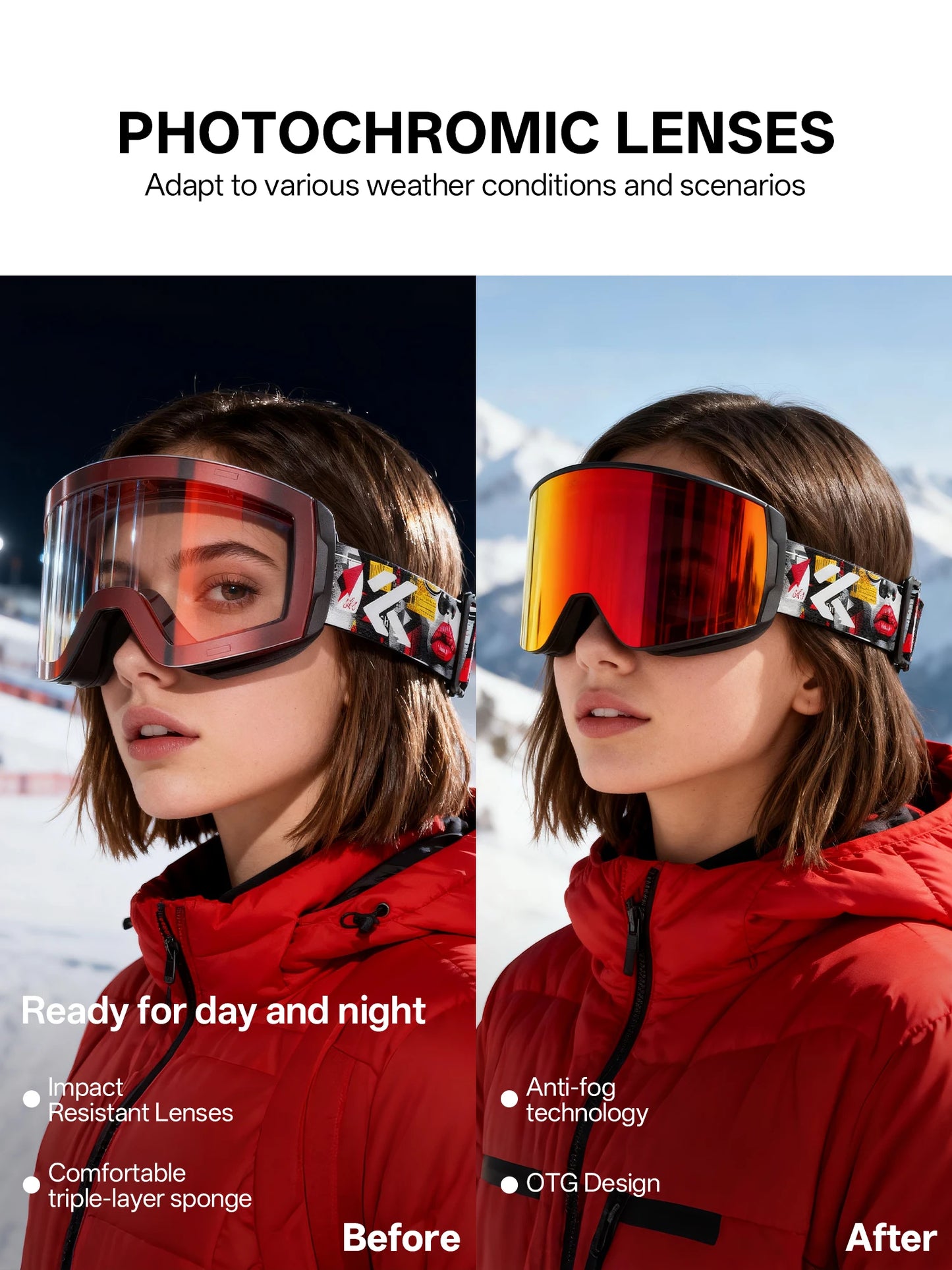Kapvoe Photochromic Ski Goggles Magnetic Anti-Fog Lenses UV400 Protection Men Women Ski Goggles Snow Sunglasses Sports Eyewear