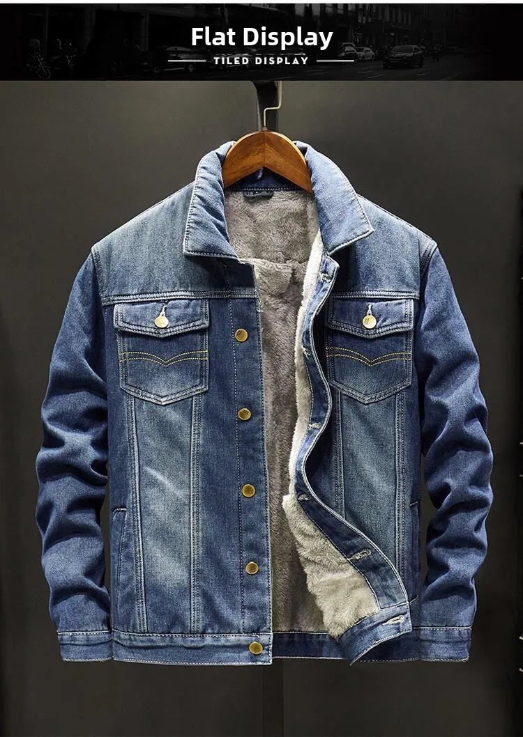Men's Denim Cotton Jaet Fce Lined Thi Warm Outerwear Korean Sle Versatile Student Jaet Top Trendy Autumn Winter Coat