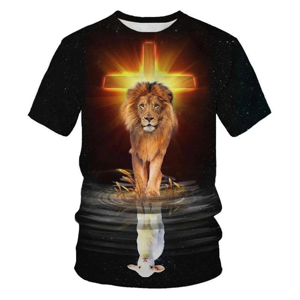 Summer fashion creative design cross lion 3D printing personalized Christian art T-shirt