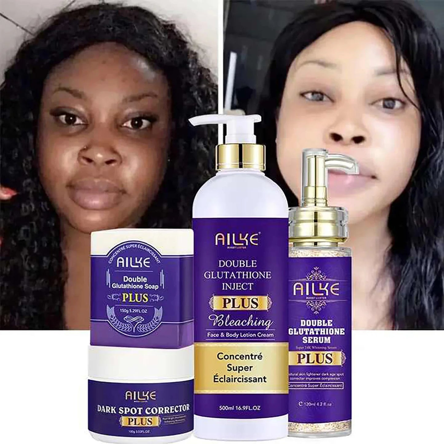 AILKE Double Glutathione Whitening Set For All Skin Types, Reduce Dark Spots, Melanin, Freckles, Chloasma, Even Skin Tone