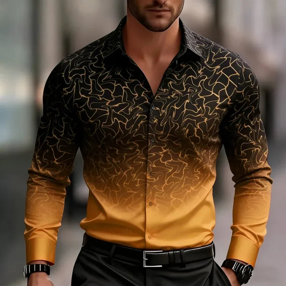 New Spring Autumn Men Clothes Long Sleeve Gradient Color 3D Digital Print Shirt Men Casual Fashion Tops