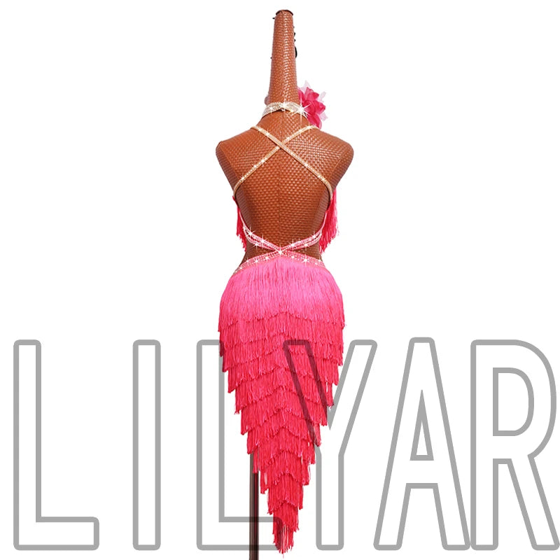 New professional Latin Dance Performance Competition Dress Adult Women Sparkling Pink Tassel Backless Dance Dress