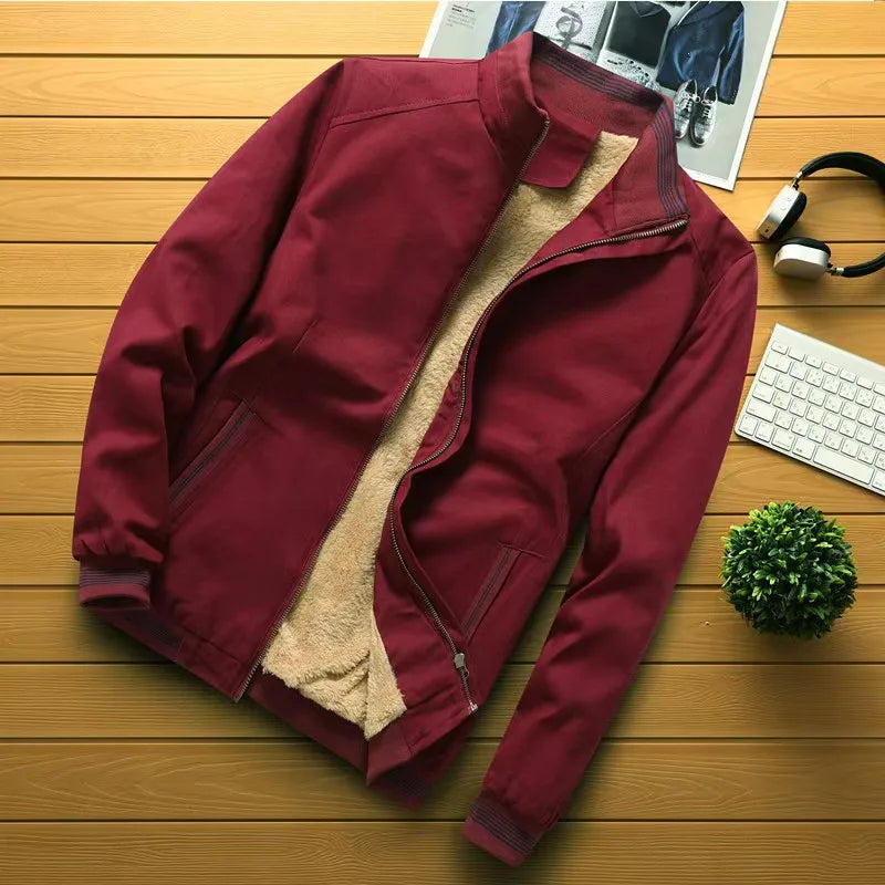 Autumn and Winter New Men's Fashion Pilot Jacket with Thick Velvet and Warm Baseball Jacket Solid Color Zipper Large Top M-5XL