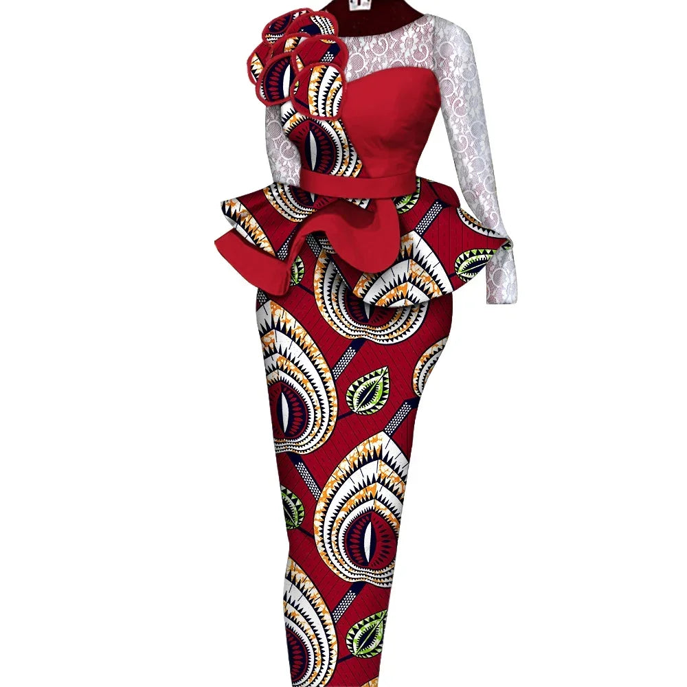 African Skirt Sets Women Suit Long Straight Skirts and Tops with Lace Decoration Bazin Riche Traditional African Clothing WY6195
