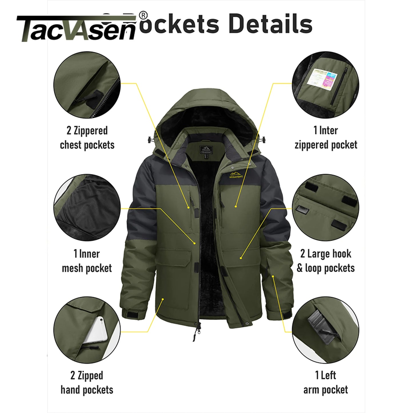 TACVASEN Winter Heavyweight Coats Mens Ski Snow Waterproof Jackets Fleece Warm Snowboard Hooded Jacket Parka Raincoats 9 Pockets