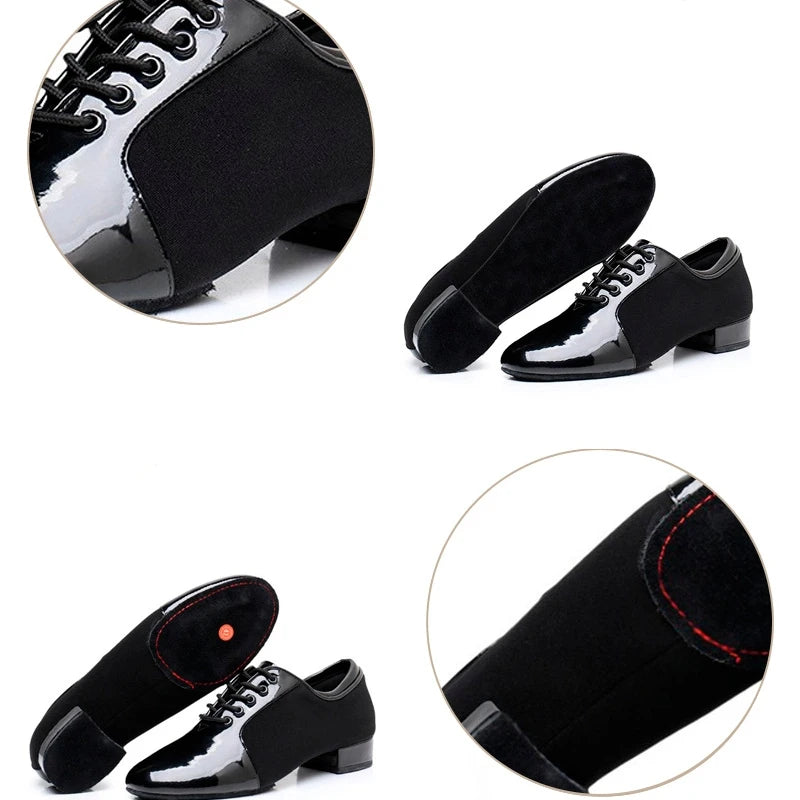 Men's Modern Dance Shoes with Soft Sole Patent Leather Black and White Soft Sole Square Dance Competition Specific Dance Shoes
