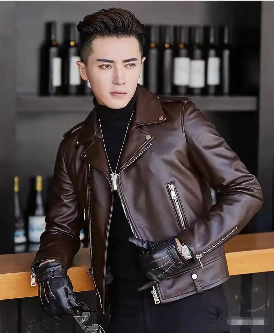 Men's Slim Fit PU Leather Jacket Fashionable Motorcycle Style Spring Autumn Korean Version Casual Outerwear Male Biker Coat