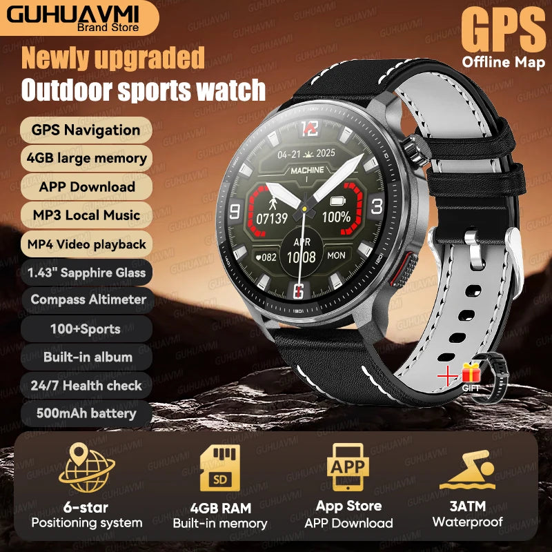 Newly T-Rex3 Ultra 4GB Memory GPS Sports Smart Watch Offline Map 1.43" AMOLED Display 3ATM Flash Charge Fitness Call Smartwatchs