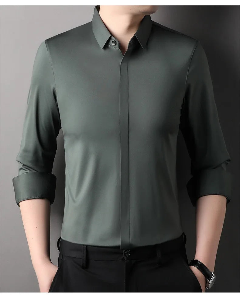 High end Mulberry Silk Dress Shirts Business Men Wrinkle Resistant Button Invisible Elastic Tops Luxurious Male Quality Clothing