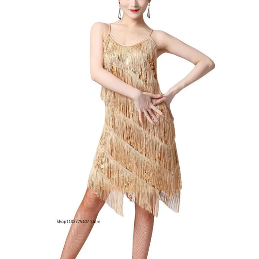 Women Salsa Latin Dance Dress Sequin Tassel Fringe Flapper Dress 1920s Gatsby Cocktail Dress Tango Ballroom Dancing Costume