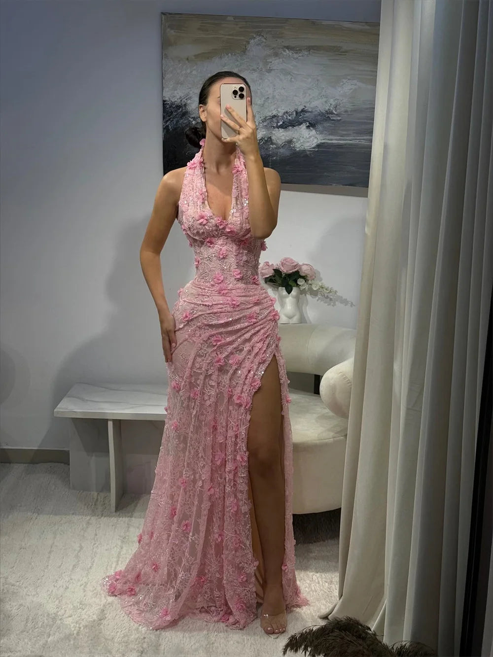 Cathy Customized Pink 3D Floral Lace Pleated Prom Dress Halter Neck Mermaid Side High Slit vestidos de noiva Floor-length Formal