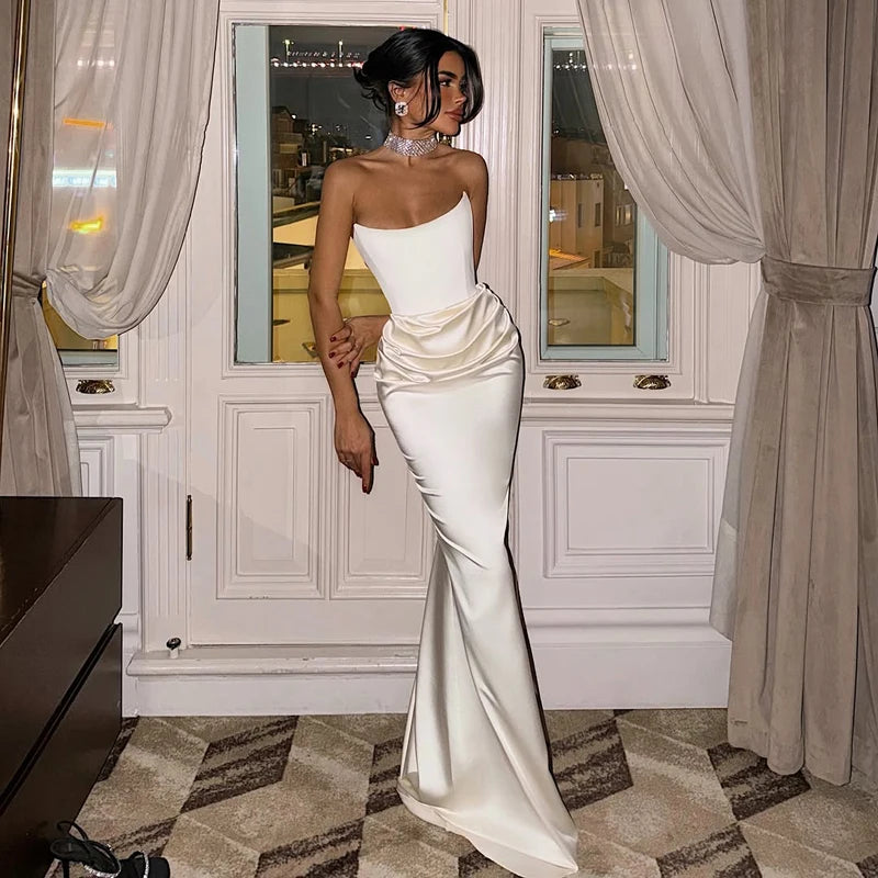 Solid White Strapless High Waist Maxi Dress Women Elegant Sleeveless Backless Pleated Satin Slim Dresses  Party Evening Gowns