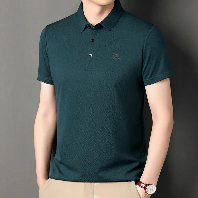 New Men's Business Casual Short Sleeved Shirt with Badge Solid Color Polo Shirt Fashionable Breathable Comfortable Versatile Top
