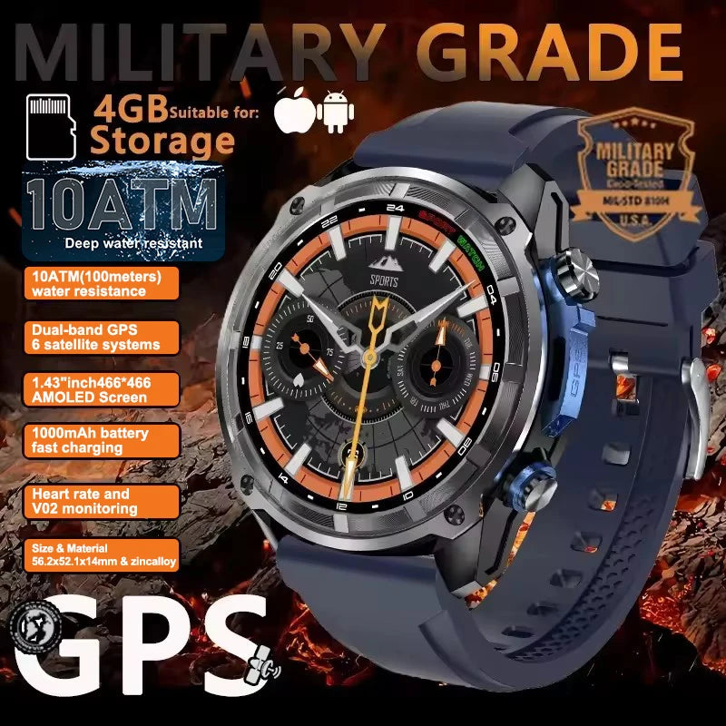 2025New Men Military GPS Map Smart Watch T-Rex3 Compass 4GB Memory 1000mAh Battery 10ATM Waterproof HD Bluetooth Call Smartwatch