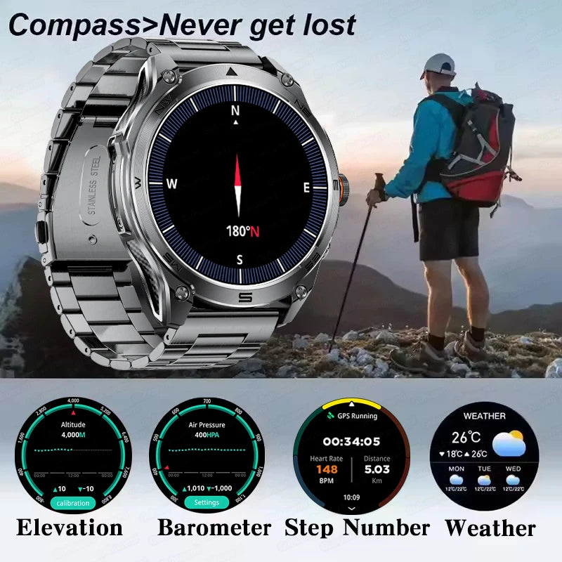 2026 New Military Smart Watch 1000Mah Battery GPS Compass 10ATM Waterproof Tactics Sports Flashlight BT call Smart Watch For Men