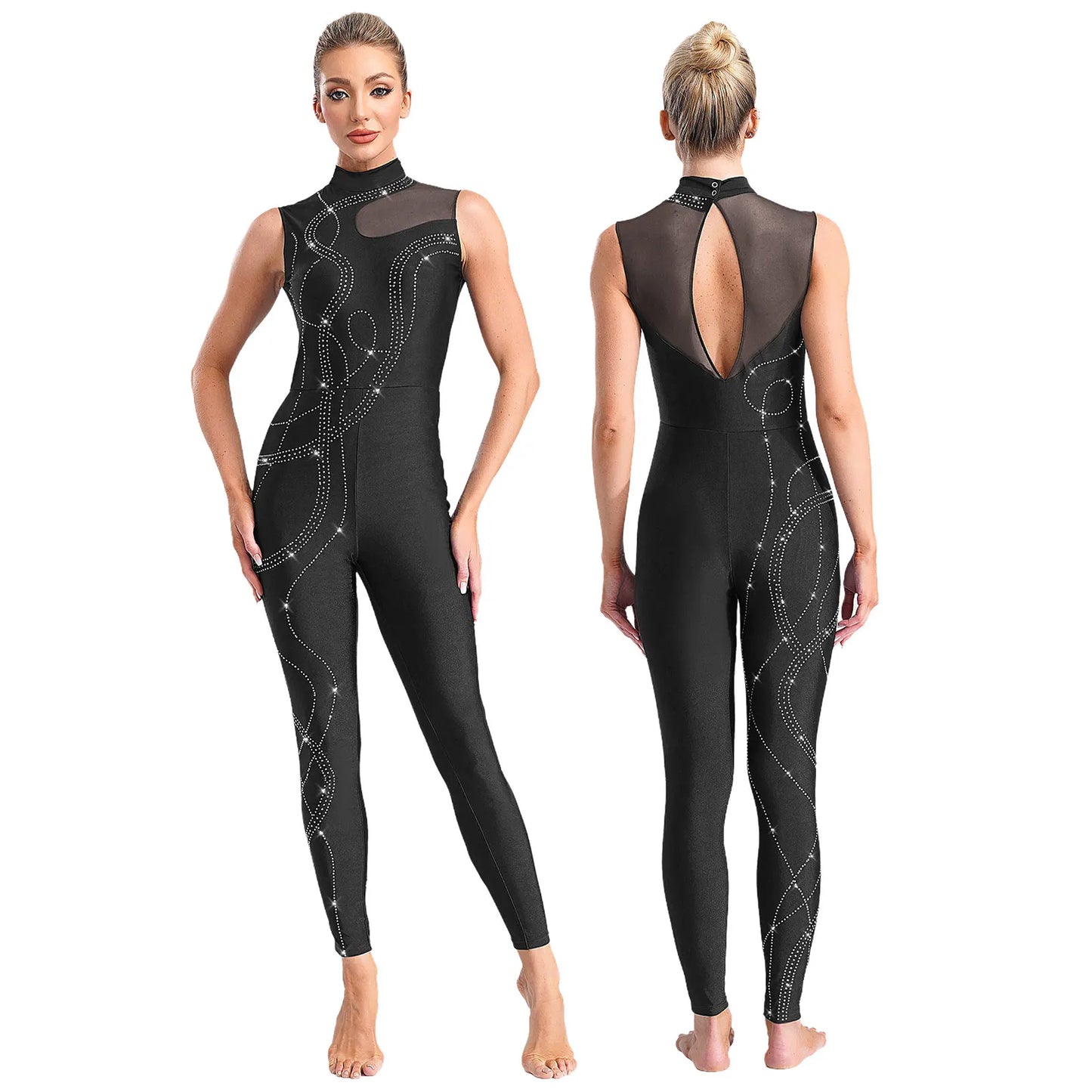 Womens Rhythmic Gymnastics Artistic Figure Skating Dance Costume Shiny Rhinestones Ballet Dance Unitards Jumpsuit Full Bodysuit