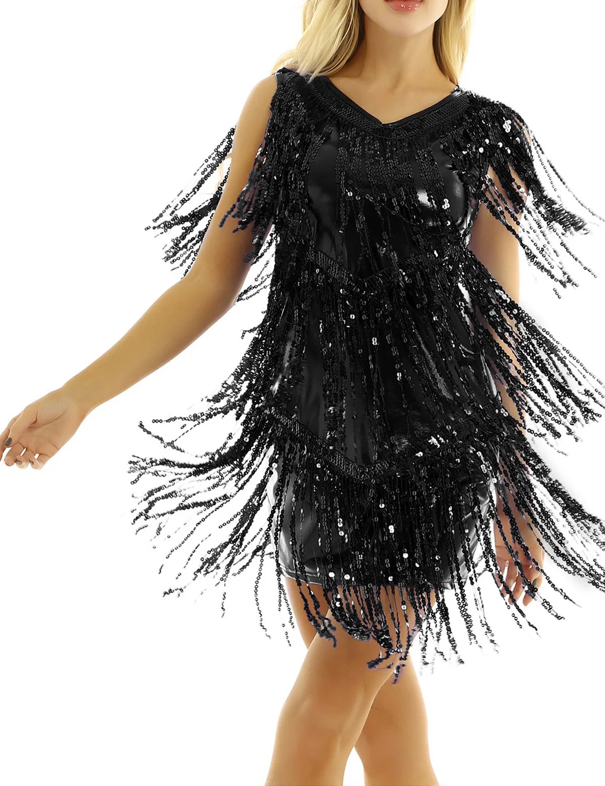 Women Latin Dress Shiny Sequin Sleeveless Tassels Fringed Dress Tango Samba Rumba Ballroom Salsa Jazz Dance Performance Costume