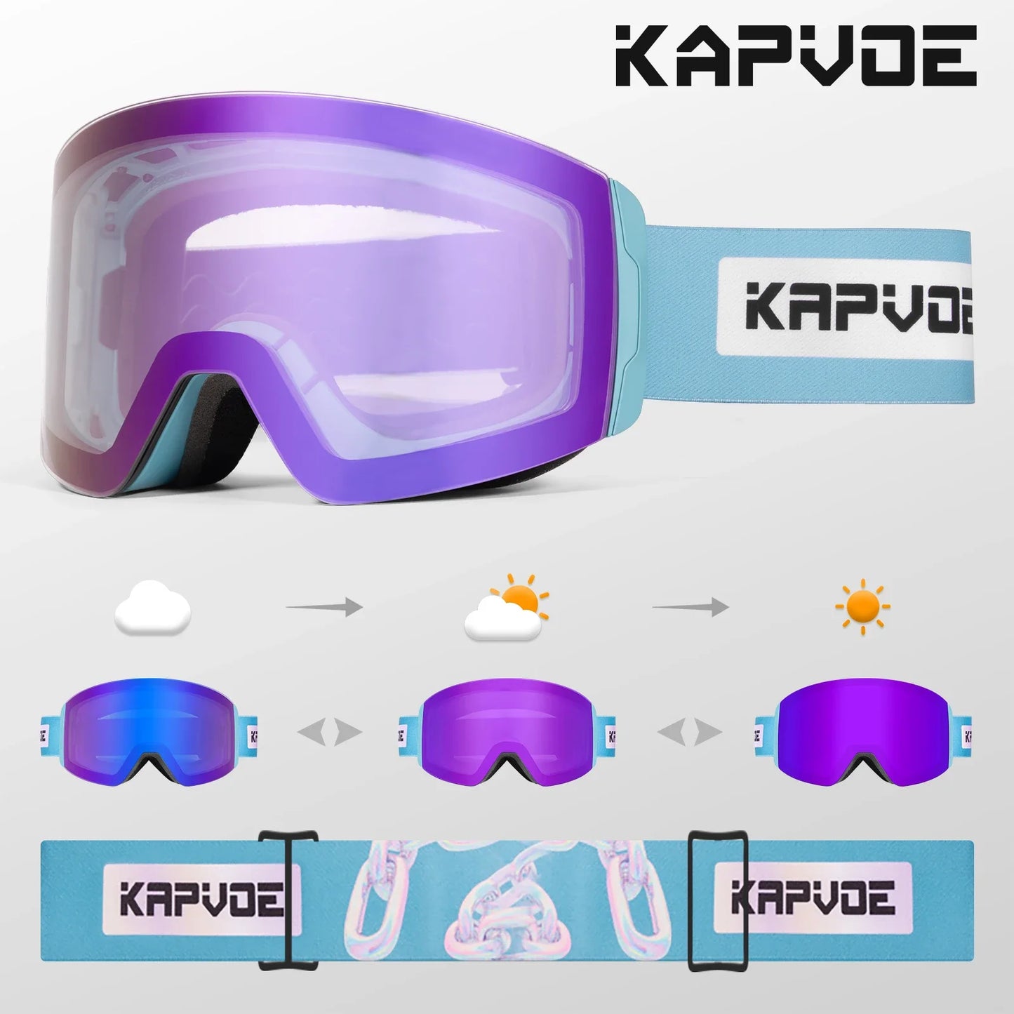 Kapvoe Photochromic Ski Goggles Magnetic Anti-Fog Lenses UV400 Protection Men Women Ski Goggles Snow Sunglasses Sports Eyewear