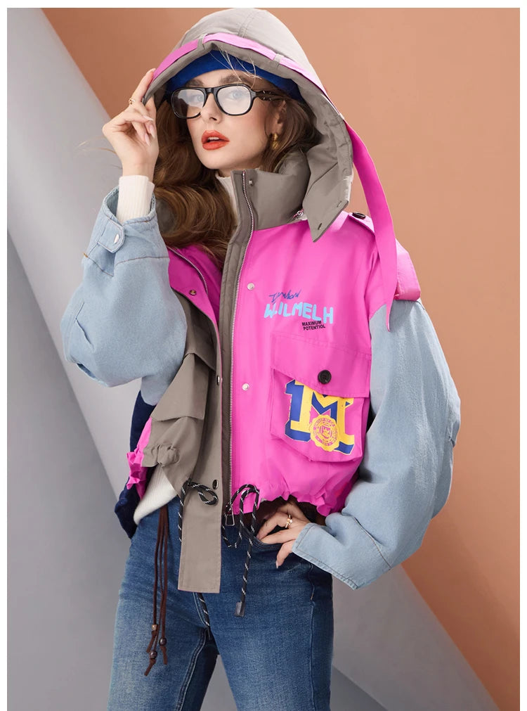 Women Short Puffer Jacket Hooded Thick Warm Winter Coat Color Block Denim Sleeve Streetwear Oversized Fashion Down Outerwear