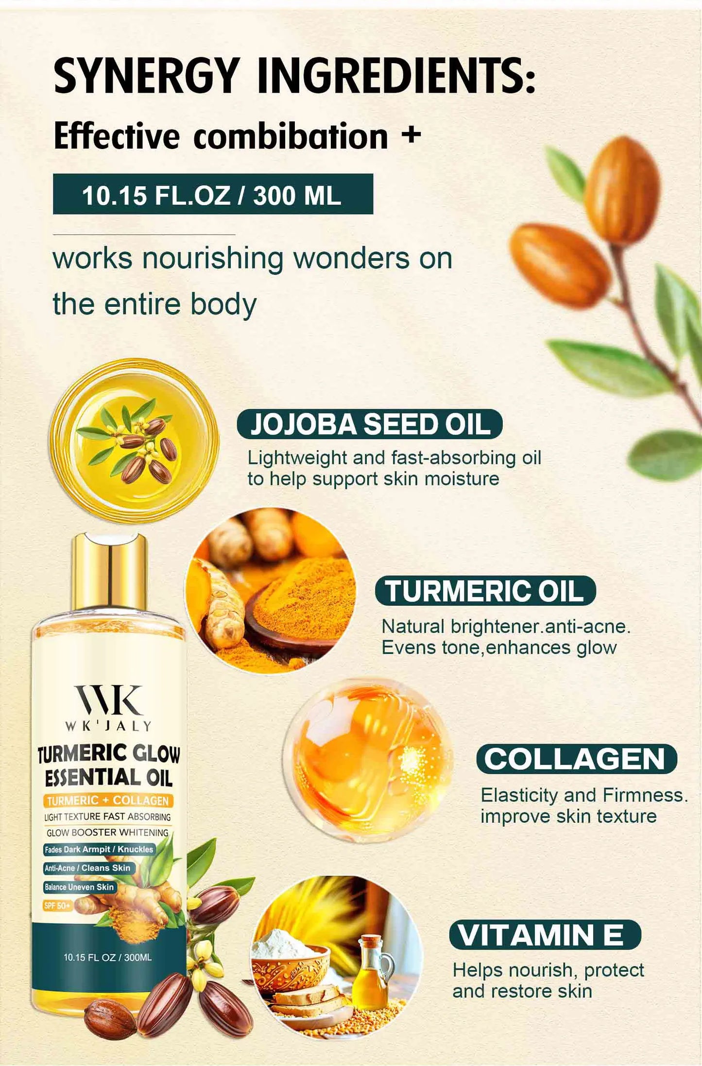 WK JALY Turmeric Whitening Essential Oil, With Collagen, Moisturizing, Brighten, Remove Acne, Dark Spots, for All Skin, 300ml