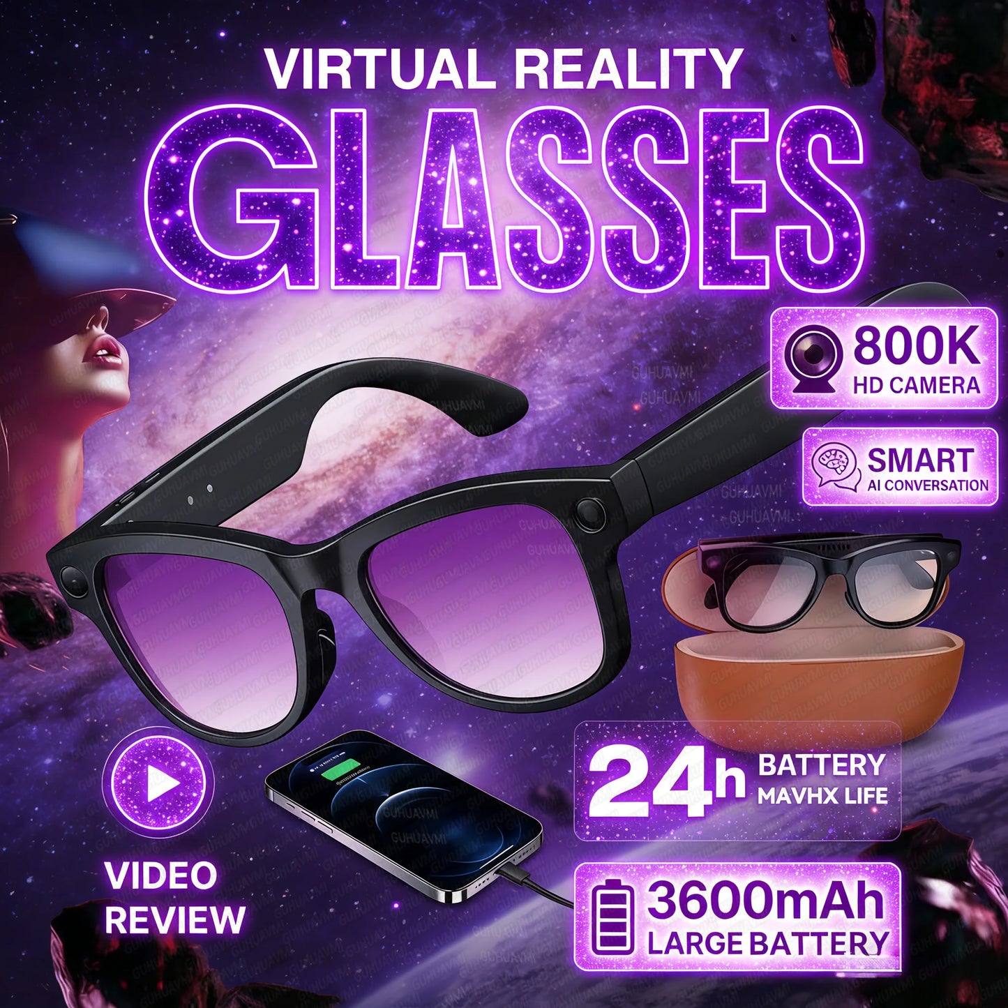 New 800W Camera 3600mAh Power Bank Smart Glasses Men Translator Take Photo WIFI Transmission Music Player AI Chat Glasses Women