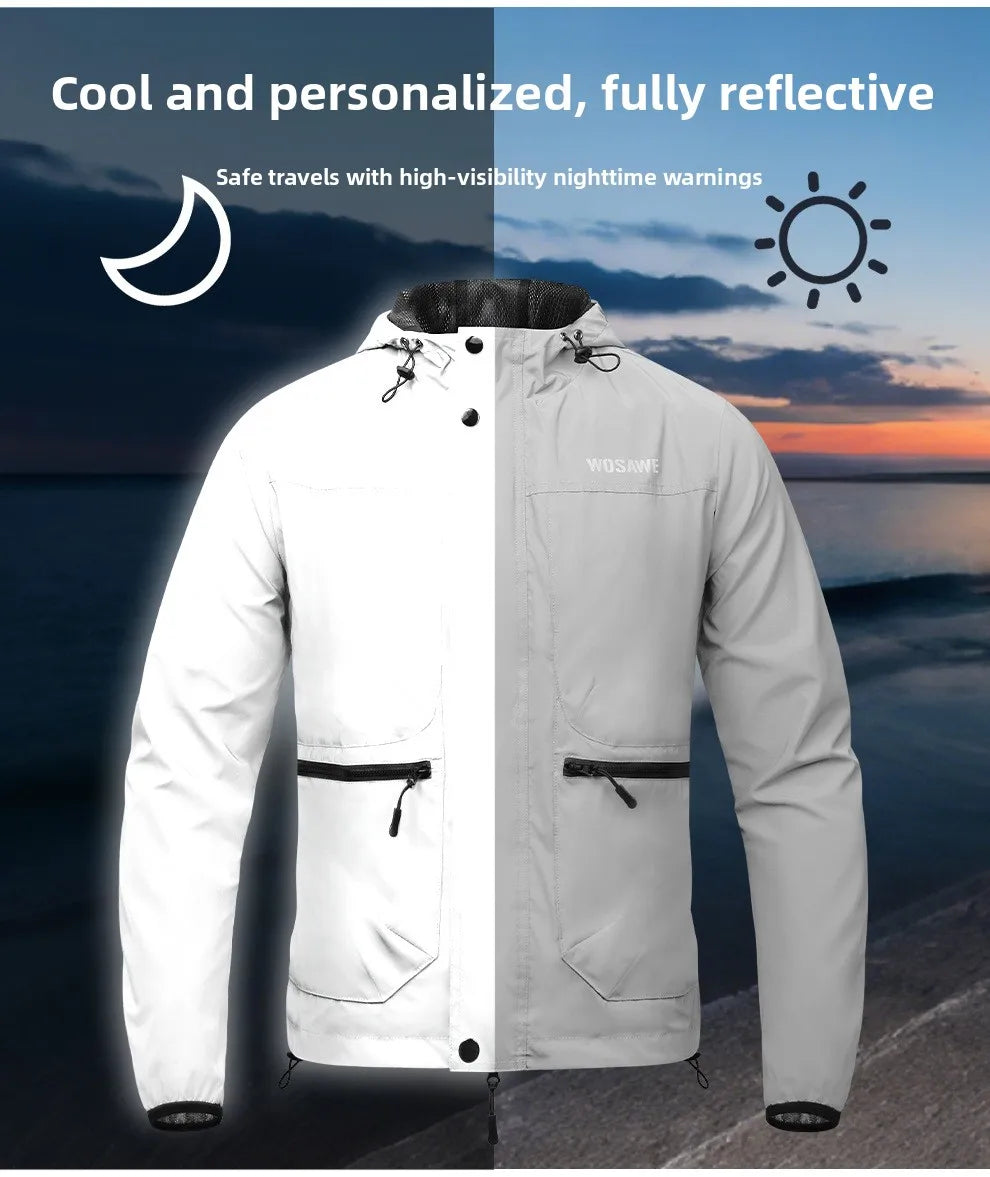 WOSAWE Motorcycle Riding Full Reflective Hooded Jacket, Hiking Night Riding Night Running Charge Carry-on Sports Jacket