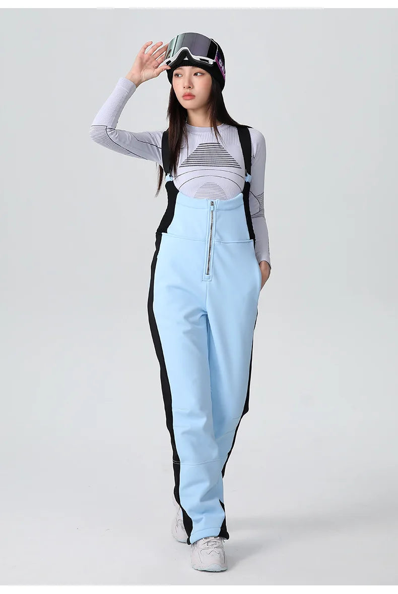 25-26 New Women's Ski Bibi Pants Waterproof Windproof Stretchy Anti-wear Solid Zipper Slim Resilient Outdoor Warm in Winter