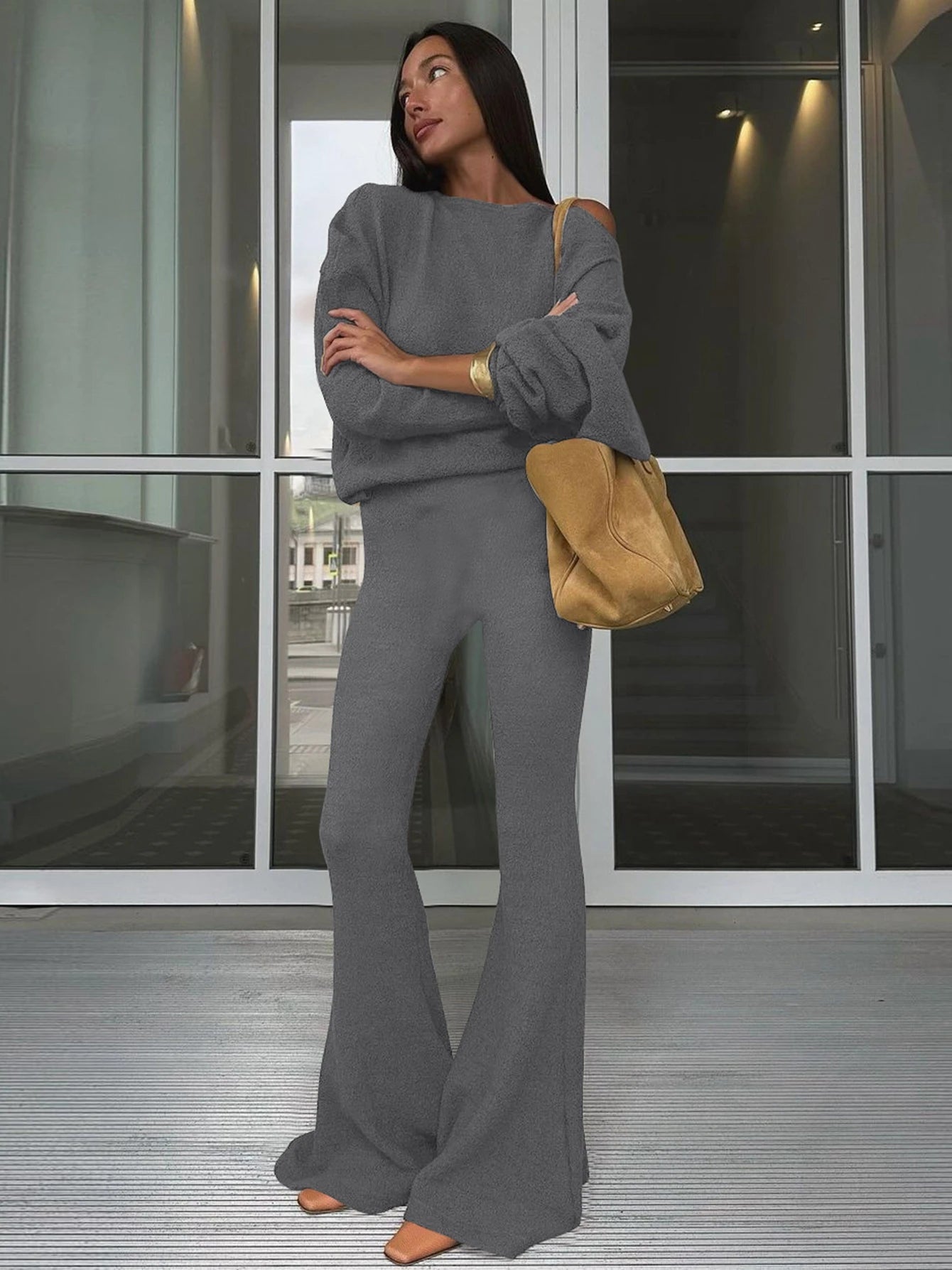 Dulzura Fashion Sexy 2 Piece Pants Set Skew Collar Long Sleeves Slim T-Shirt And Flare Pants Matching Set Party Club Streetwear