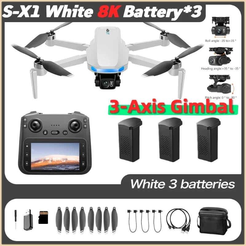 S-X1 MAX GPS Drone 4K Camera 3-Axis Gimbal EIS 5KM Digital Transmission Brushless Motor Quadcopter with 4.5" Screen Remote 231g