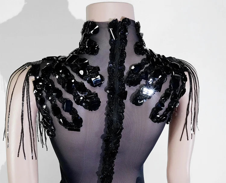 Sexy Mesh Sheer Black Rhinestone rhinestone Bodysuit Singer Dancer Show Stage Outfit Celebrate Party Night Club Performance Waer