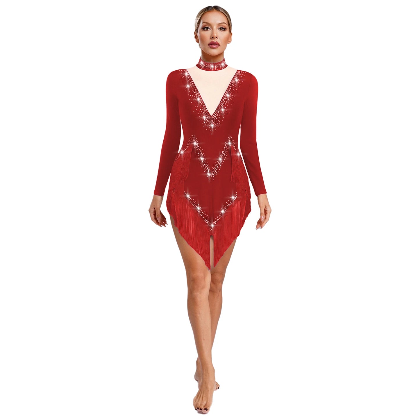 Womens Tassel Latin Tango Samba Dance Dresses Stage Performance Costume Long Sleeve Irregular Hem Shiny Rhinestones Dance Dress