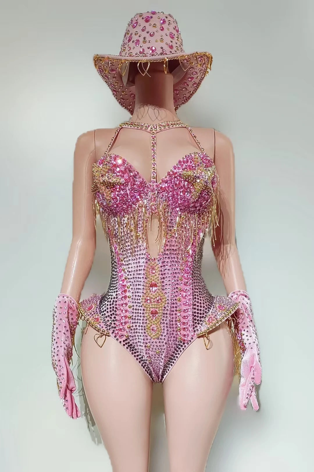 Women Sparkly Rhinestone Bodysuit 4Pieces Set Night Party Cowboy Show Outfit Cabaret Carnival Showgirl Sexy Jumpsuit Hongding