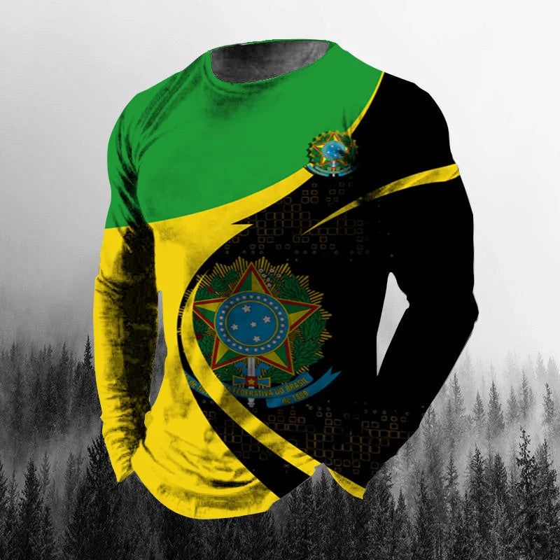 Vintage Brazilian Flag 3D Print Autumn Men's O-Neck T-shirt Casual Long Sleeve Oversized T Shirt Fashion Pullover Men Clothing