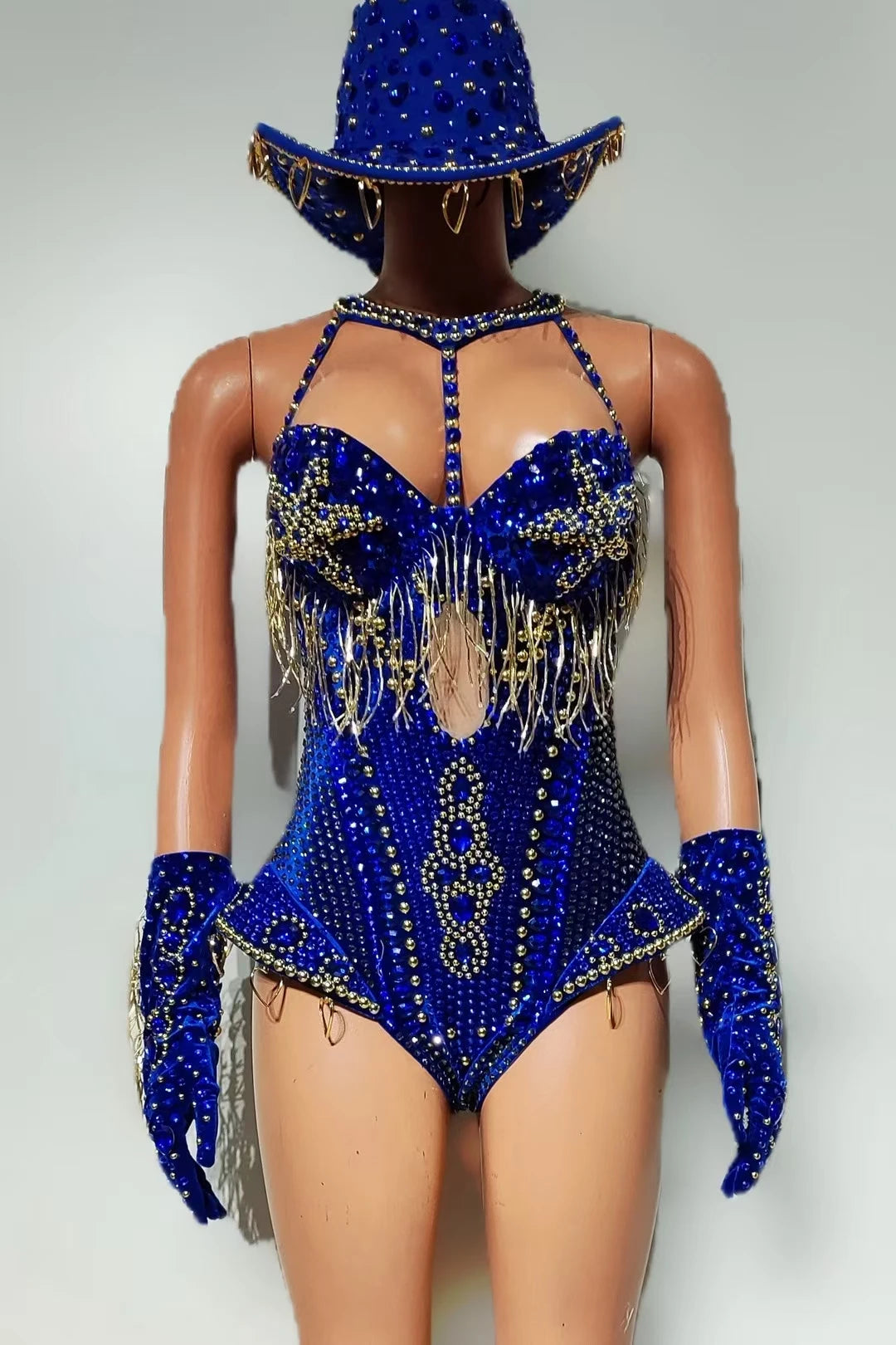 Women Sparkly Rhinestone Bodysuit 4Pieces Set Night Party Cowboy Show Outfit Cabaret Carnival Showgirl Sexy Jumpsuit Hongding