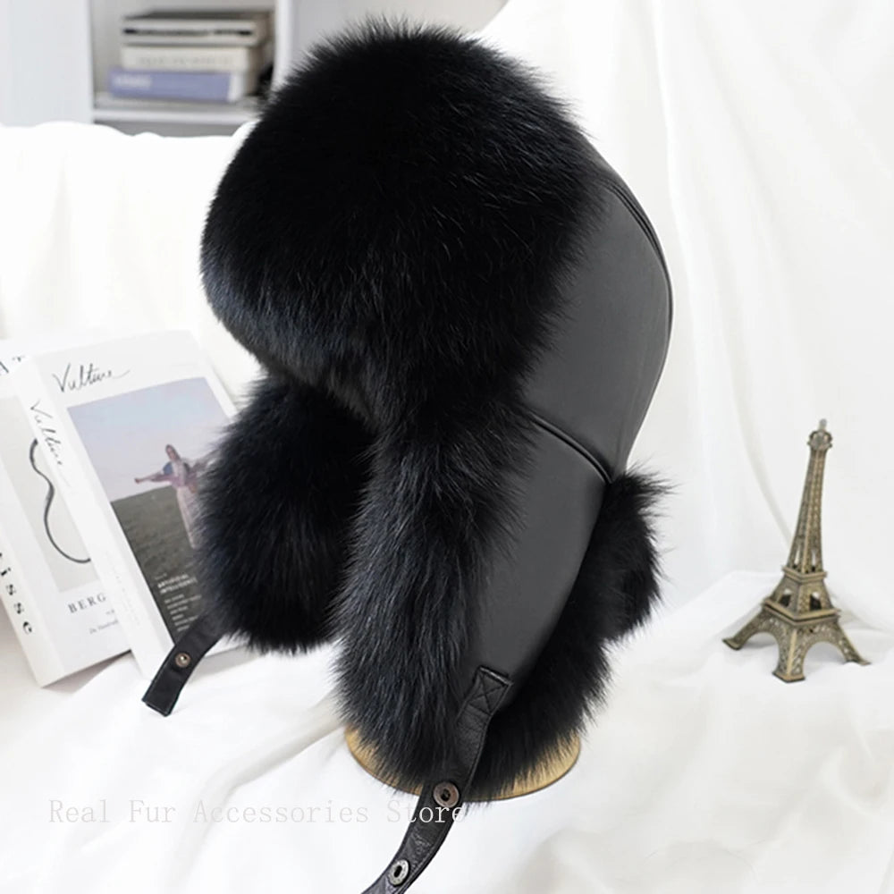 Hot high-end luxury fur hat Men's fox fur hat Lei Feng cap ear cap fur necessary hat Real fur hat 100% Sheepskin top fox hat