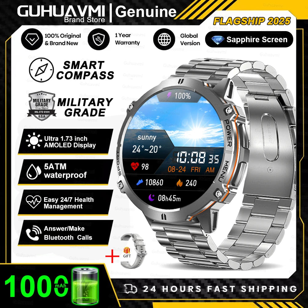 New Outdoor 1000mAh Battery Men Adult Smart Watch GPS Compass Altimeter 10ATM Waterproof Heart Rate BT Call Sport Man Smartwatch