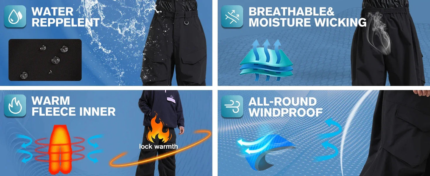 Men Baggy Wear-resistant Skiing Pants Women Insulated Loose Pockets Winter Trousers Outdoor Sports Waterproof Clothes 2025 Warm