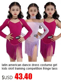 Latin american Dance velvet feather Long Dress Girls Kids Samba Salsa Cha Cha Rumba Tango Children Competition Ballroom Dresses