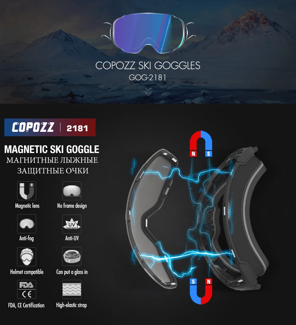 COPOZZ Magnetic Ski Goggles Men Women UV400 Protection Anti-Fog Ski Mask Outdoor Sport Snowboard Skiing Eyewear Adult