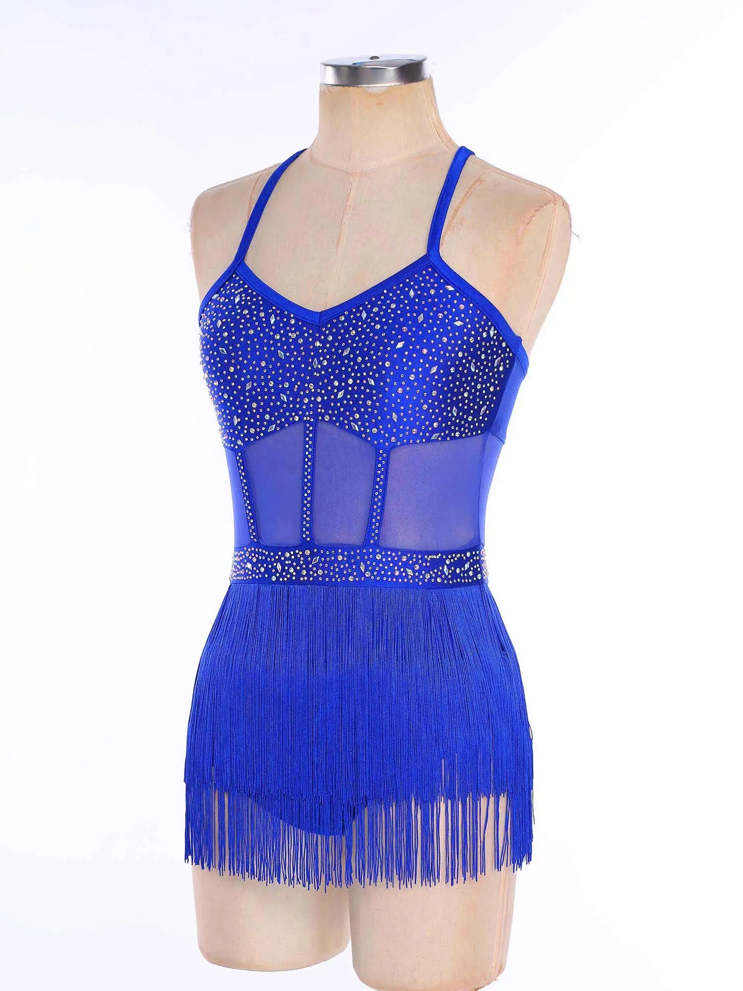 Womens Latin Dance Dress Sheer Mesh Patchwork Tiered Tassel Bodysuit Dress and Gloves for Tango Samba Dance Ballroom Dancewear