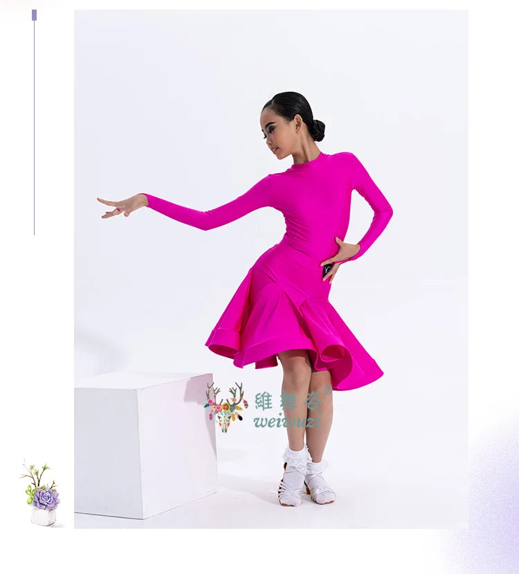 Girls Latin Dance Competition Clothing Glossy Fabric Long Sleeves Dance Dress Kids Cha Rumba Dance Practice Training Wear
