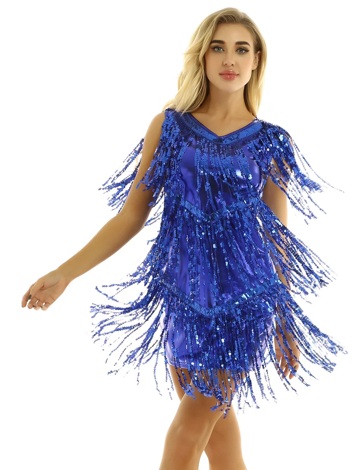 Women Latin Dress Shiny Sequin Sleeveless Tassels Fringed Dress Tango Samba Rumba Ballroom Salsa Jazz Dance Performance Costume