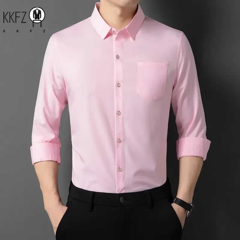 Men's New Casual and Fashionable Long Sleeved Shirt with Pockets Comfortable Wrinkle Resistant and Iron Free Collared Shirt