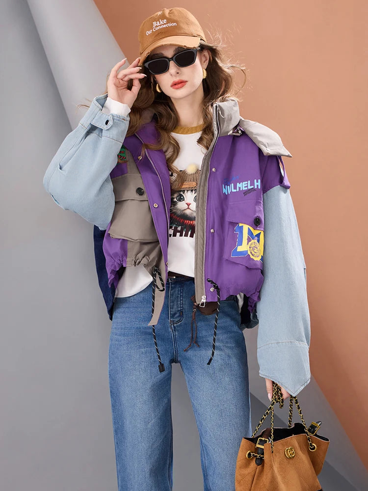 Women Short Puffer Jacket Hooded Thick Warm Winter Coat Color Block Denim Sleeve Streetwear Oversized Fashion Down Outerwear
